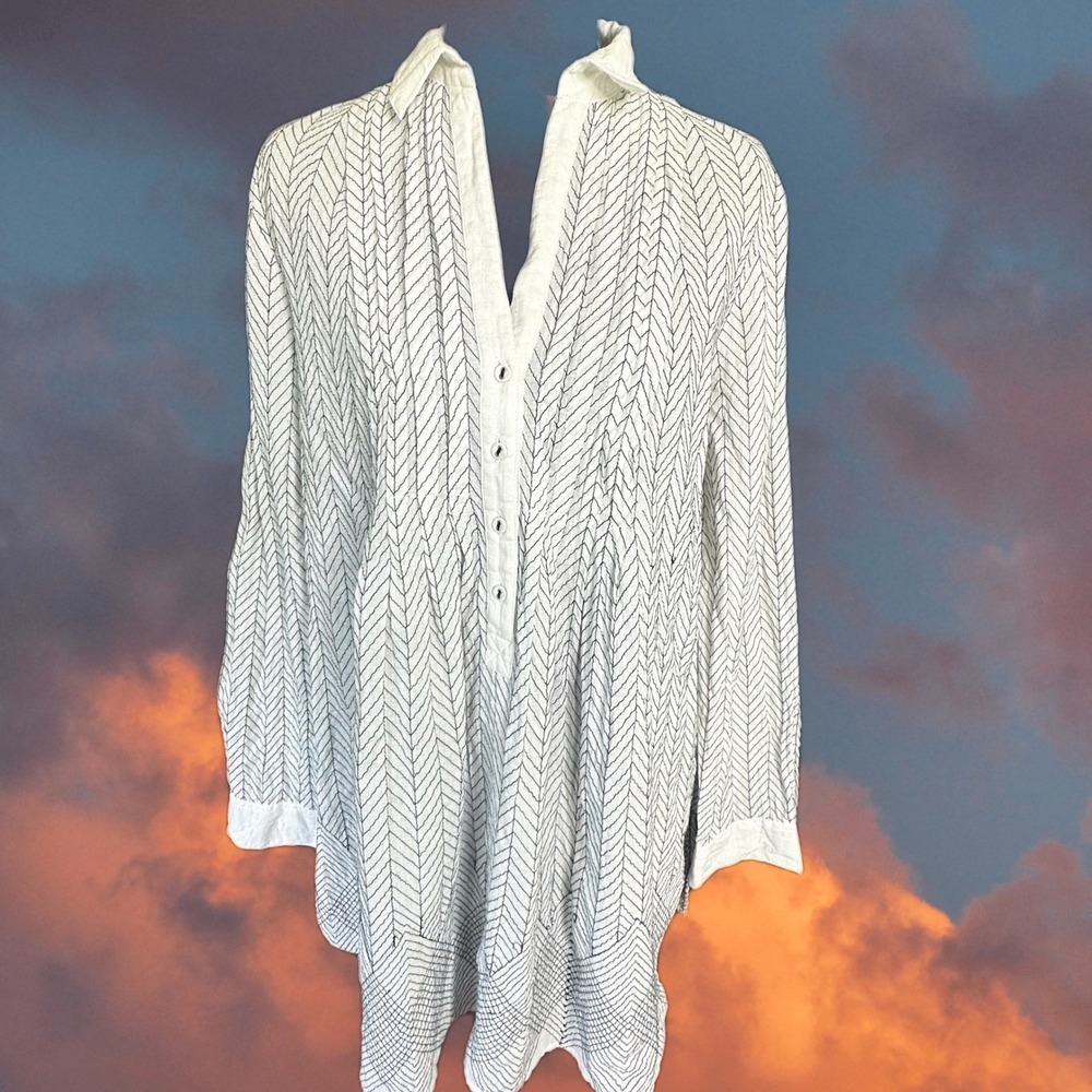 Vanessa Virginia Anthropologie White Black Chevron Embroidered Cotton Tunic Smal